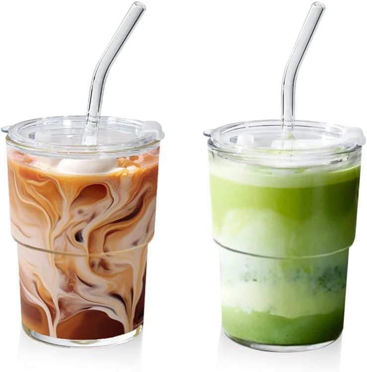 15 oz Matcha Cup Set of 2, Iced Coffee Tumbler Water Glass with Straw and Lid, Clear Thick Wall Matcha Iced Coffee Glass To Go for Smoothie Tea Soda Juice