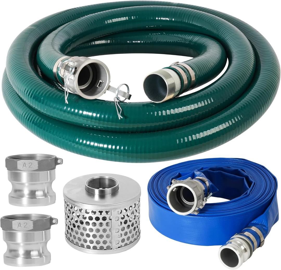 2 Discharge Hose Pump Kit for Backwashing and Drainage | 20 Green Suction + 65 Blue Discharge PVC Hoses with Carbon Steel Filter | Ready-to-Use Setup Saves Time & Effort
