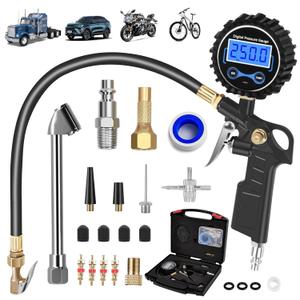 Digital Tire Pressure Gauge with Inflator 250 PSI, Heavy Duty 360 Air Chuck Air Compressor Attachments, Improved Leaks Protection & Extended Hose Tire Gauge, 0.1 Display Resolution, with Storage Box (CAR&SUV&TRUCK&BIKE)