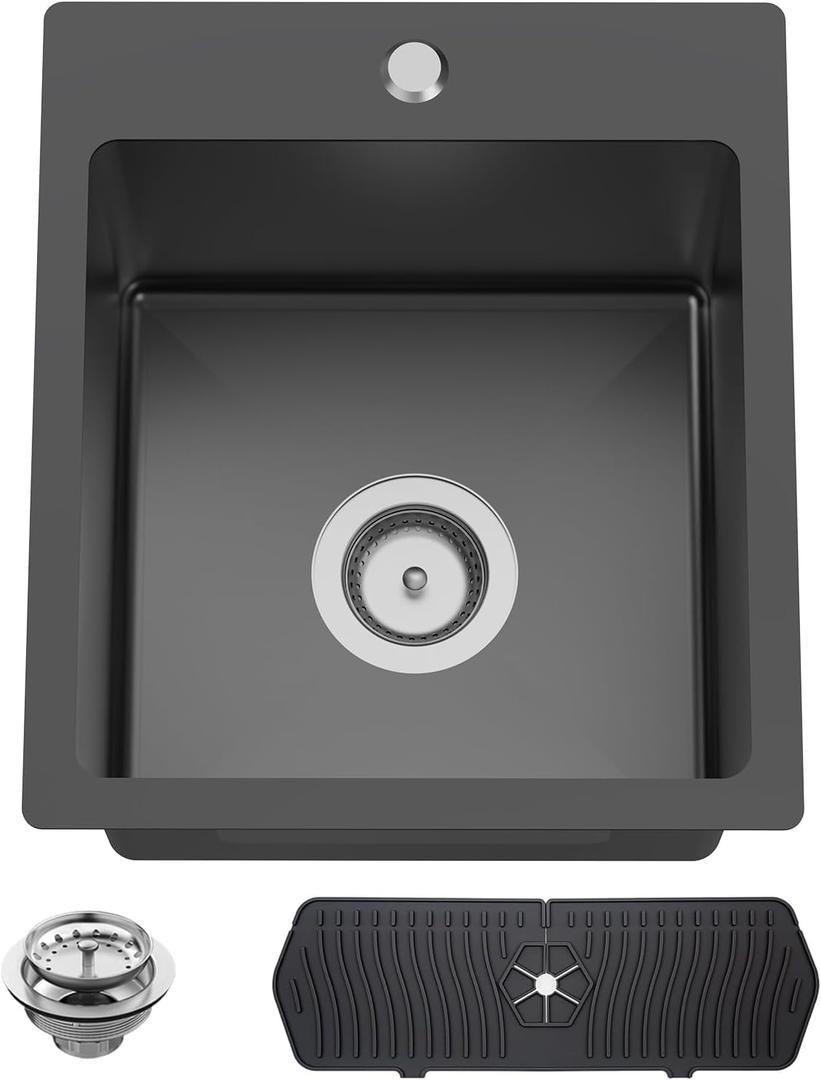 Black Kitchen And Bar Sink, 15x17 Inch Stainless Steel Drop In Kitchen Sink Modern Single Bowl Topmount Bar Sink Combo-Silicon Mat,Drain Strainer Set Compatibility With Various Kitchen & Bar Style, 15x17x9 inches