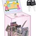 Kathfly Large Pink Acrylic Donation Box with Lock 5.9 x 7.8 x 9.8 Inch Safe Ballot Suggestion Box with Sign Holder and Slot Tip Jar Voting Collection Raffle Mailbox for Voting Fundraising Collection