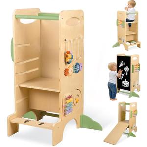 aiwo Toddler Tower Kitchen Step Stool, 3 Adjustable Height Standing Tower for Kitchen Counter, Chalkboard & Montessori Learning Activities