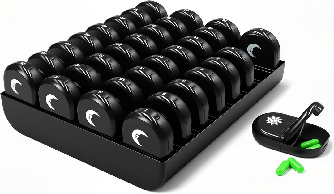 XL Monthly Pill Organizer 2 Times A Day, AM/PM One Month Pill Box 28 Day, Daily Pill Case Large 4 Week Big Compartments for Pills Vitamin Fish Oil Supplements (Black)