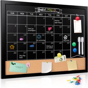 Board2by Monthly Chalkboard Calendar & Cork Board for Wall, 18" x 24" Magnetic Chalk Calendar Board Combo Board, Hanging Wood Frame Combination Board Blackboard with Pens for Office, School, Home