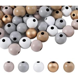 170PCS Fall Wooden Beads Autumn Craft 16mm Farmhouse Round Polished Color Thanksgiving Harvest Wooden Beads for Crafts with 7m Twine, Handmade DIY Fall Autumn Garland Making Home Decor (Grey Gold)