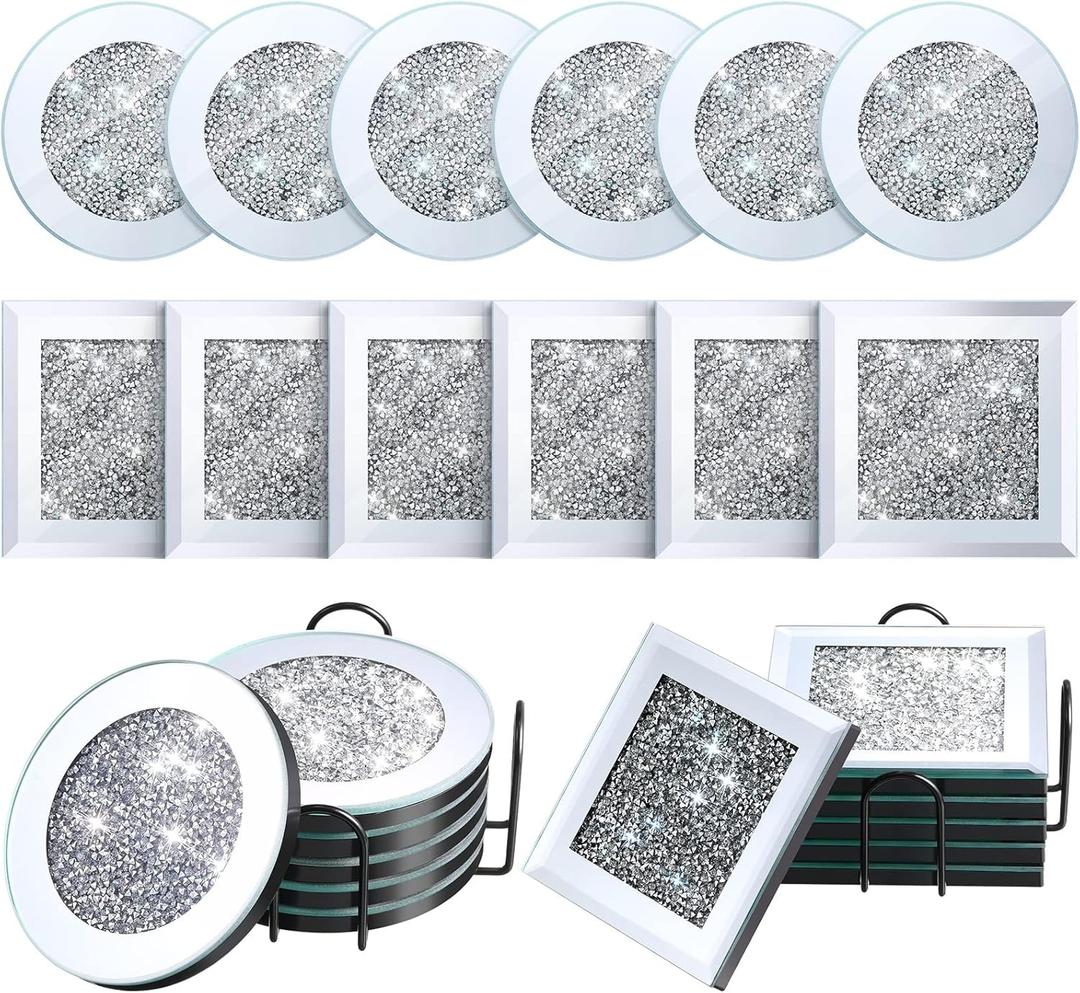 14 Pcs Crystal Coasters with Holder Set 2 Black Holder 12 Glass Mirrored Silver Round Square Diamond Coasters 4 Inch for Kitchen Dining Table Home Coffee