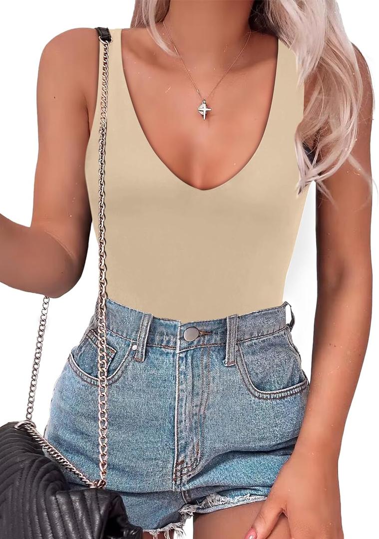 SAUNGKUAI Womens Bodysuit Sexy Plunge Deep V Neck Backless Sleeveless Tank Thong Body Suits Outfits for Going Out (Medium, Beige)