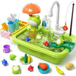 Play Sink with Running Water, Kitchen Play Sink Toy with Electric Faucet, Play Kitchen Accessories, Floating Pool Toys & Fishing Game, Kids Pretend Play-Dishwasher Play Set for Boys Girls Toddlers, 15.74 X 11.62 X 13.78 Inches