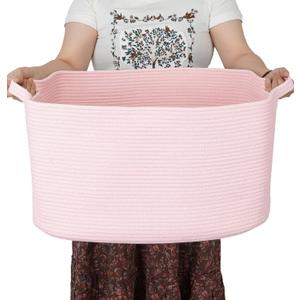Large Rectangle Blankets Baskets 22"x17"x12" Toy Basket for Kids Woven Cotton Rope Storage Basket for Nursery - Wicker Laundry Baskets for Clothes Towels - Ideal for Living Room Storage pink