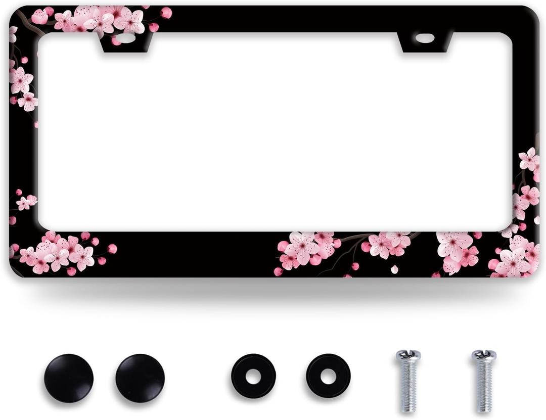 Cherry Blossoms License Plate Frame Beautiful Pink Flowers License Plate Frames Funny for Car Decorative Parts Stainless Stee License Plate for Standard Us Canada License Plate Holder 12x6 Inch