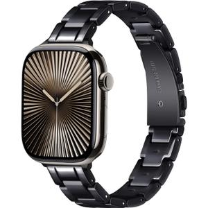 Slim Resin Band Compatible With Apple Watch Band Women 38mm 40mm 41mm 42mm 44mm 45mm 46mm, 14mm Thin Tortoise Lightweight Bracelet Dressy Strap for iWatch Bands Series 11 10 SE 2nd/3 9 8 7 6 5 4 3 (Black)