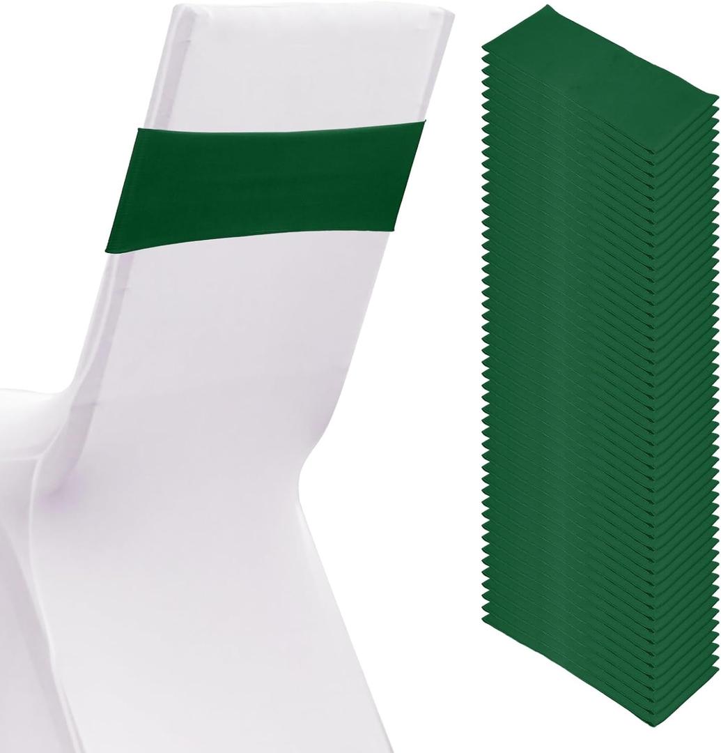 PATIKIL Premium Spandex Chair Sashes Bows, 50 Pcs Elastic Stretch Chair Cover Band Ties with Slider Buckle for Birthday Party Banquet Wedding Decoration, Dark Green