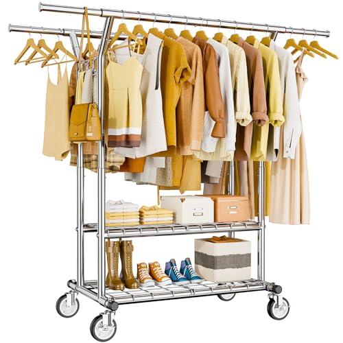 Amazon.com: HYSEYY Heavy Duty Clothes Rack, Rolling Clothing Rack With Shelves Load 620 LBS, Double Rod Clothing Racks for Hanging Clothes, Portable& Adjustable Clothes Rack with Wheels Garment Rack : Home & Kitchen