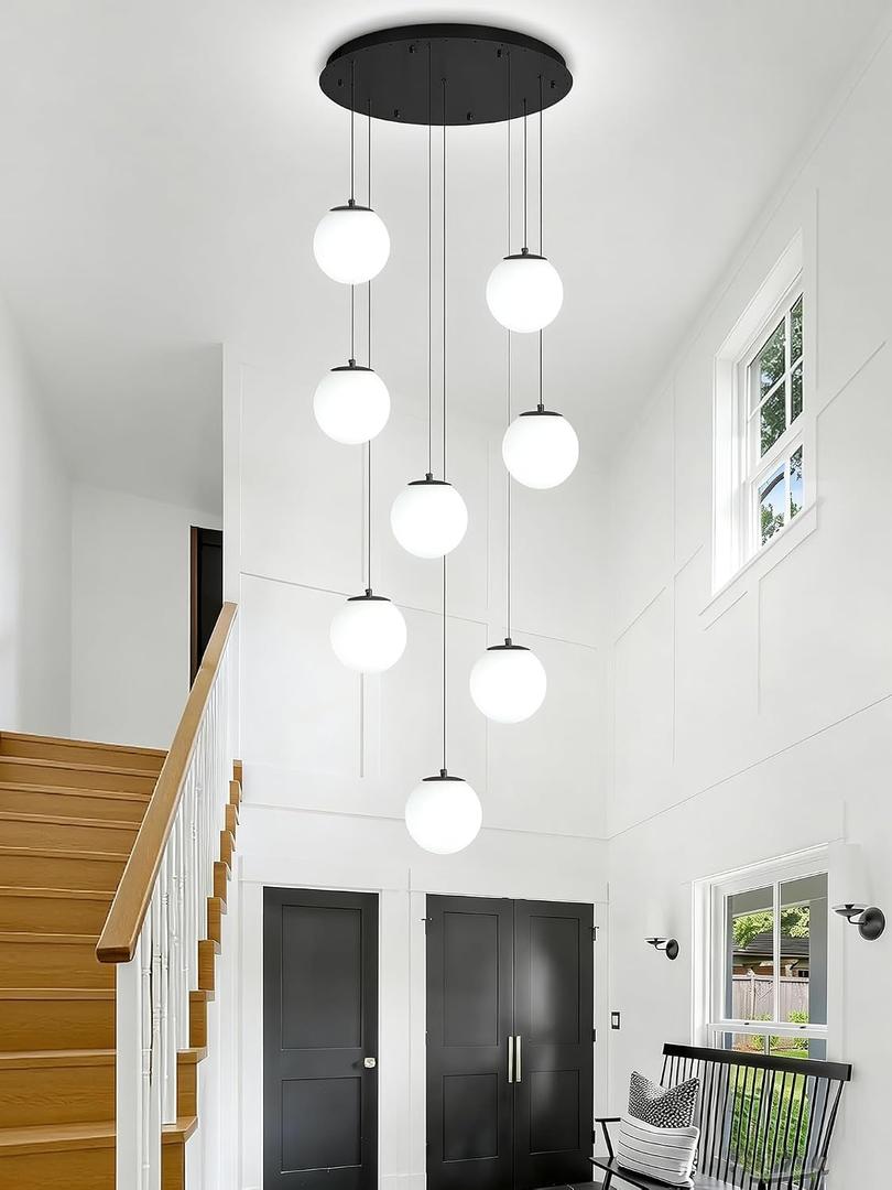 Modern Globe Chandelier Staircase Chandelier for Entryway
8 Light,Max Height 118inch,White Glass,Dimmable,Color Temperature 2700-6000K,Adjustable Height