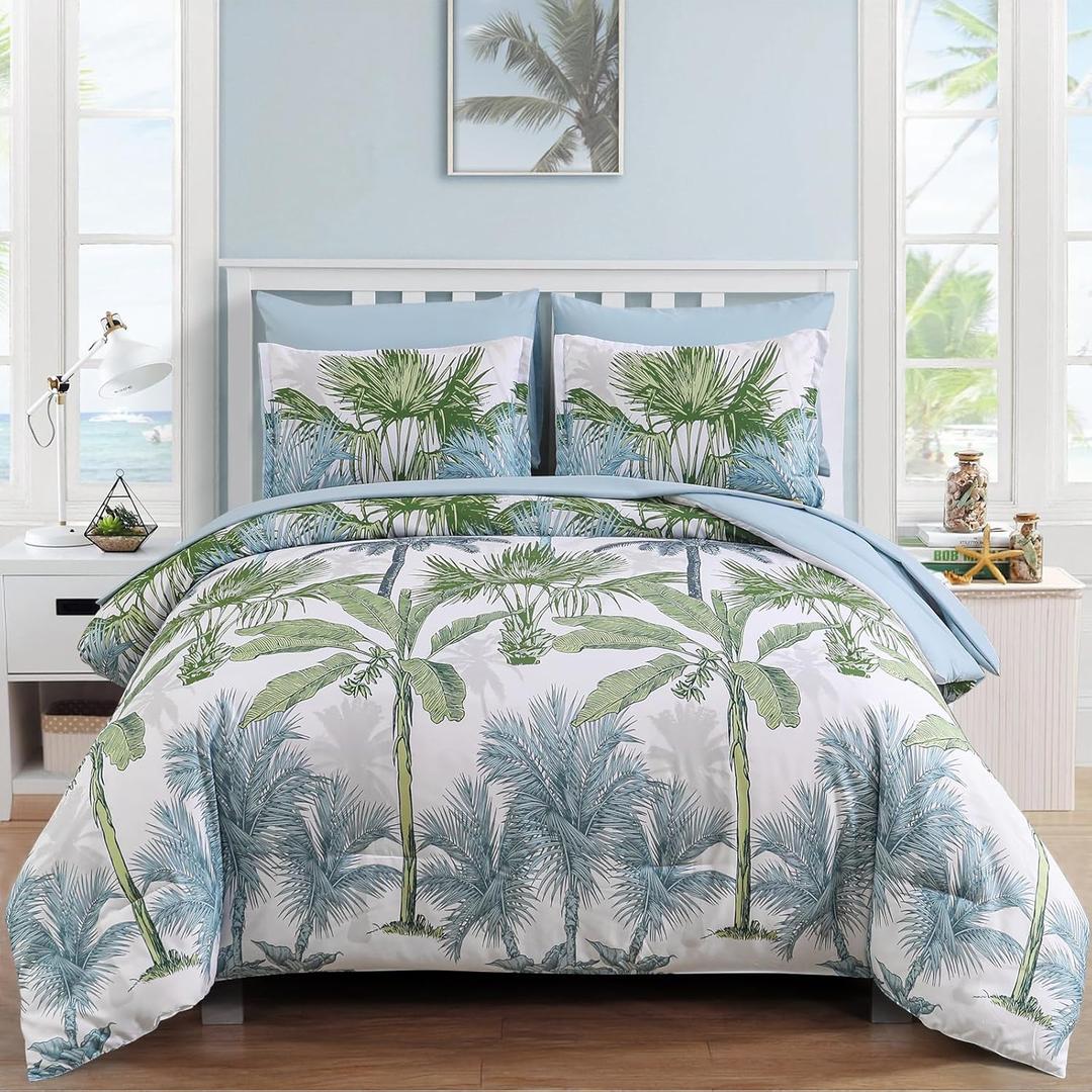 WONGS BEDDING Botanical Comforter Set King, 7 Pieces Blue Palm Tree Bed in a Bag, Reversiable Soft Microfiber Coastal Beach Bedding with Comforter, Flat Sheet, Fitted Sheet, Pillow Shams & Pillowcases