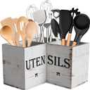 Suli Extra Large Kitchen Utensils Holder with 3 Compartments,Corner Shelf,Wooden Utensil Organizer for Kitchen Countertop, Farmhouse Decor, Rustic Cooking Utensil - White grain