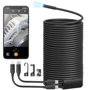 Anykit Endoscope Camera with Light, 1920P HD Borescope with 8 Adjustable LED Lights, Semi-Rigid Snake Camera with Light, IP67 Waterproof Inspection Cam for iPhone & Android, 50 ft Single Lens