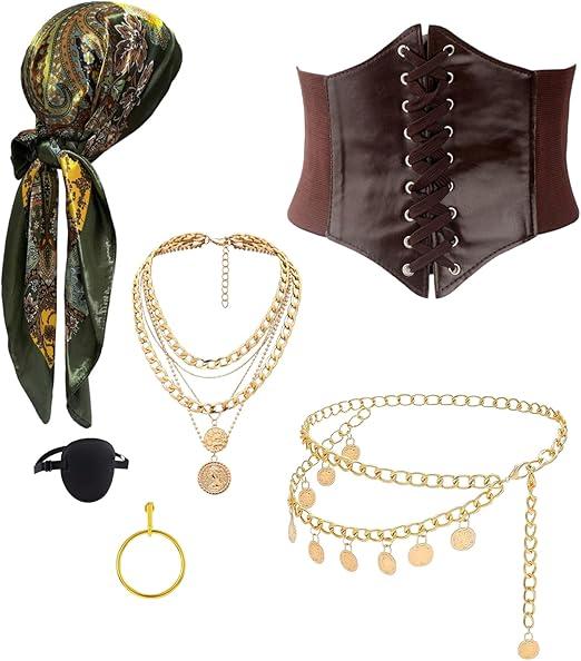 Pirate Costume Women Sexy Womens Pirate Romper Dress Outfit with Bandana Corset Accessories 4PCS