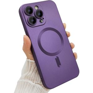 ankofave Magnetic for iPhone 15 Pro Max Phone Case for Women, Matte Luxury Soft Metallic Luster Design with Camera Lens Protector, Compatible with Magsafe Case for iPhone 15 Pro Max 6.7"-Purple
