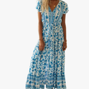 Women's Floral Short Sleeve V Neck Maxi Dress Button Front Drawstring High Waist Flowy Bohemian Vacation Long Dresses M