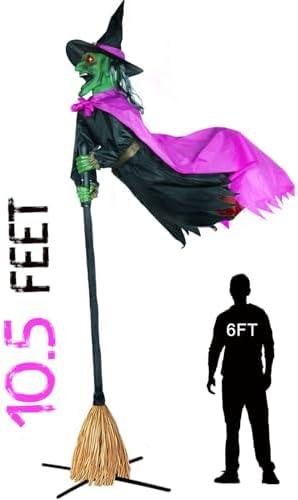 10.5FT Outdoor Animated Flying Witch Halloween Decor on Broom, Sound Activation,Eyes Glowing,Scary Sounds, Animatronics Hover Witch for Garden Yard Lawn Decorations
