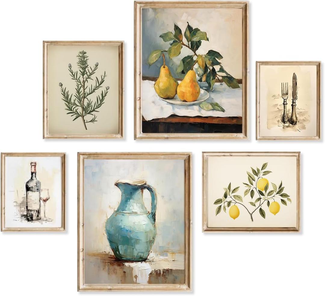 Vintage Kitchen Wall Decor Rustic Farmhouse Dining Room Wall Art Vintage Wall Art Decor Antique Ceramic Jug Silverware Rosemary Lemons Gallery Wall Prints for Bedroom Living Room Home,UNFRAMED,6pcs (Set of 6pcs, Fruits)