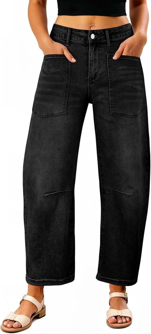 EVALESS Womens Baggy Barrel Jeans High Waisted Wide Leg Boyfriend Denim Ankle Pants (6, Black)