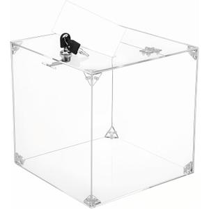 Acrylic Donation Raffle Box with Slot & Lock, Large Clear Ballot Offering Suggestion Ticket Holder for Fundraising Drawing Storage Container Tip Jar Voting Charity (9.8 x 9.8 x 9.8 Inch, Clear)