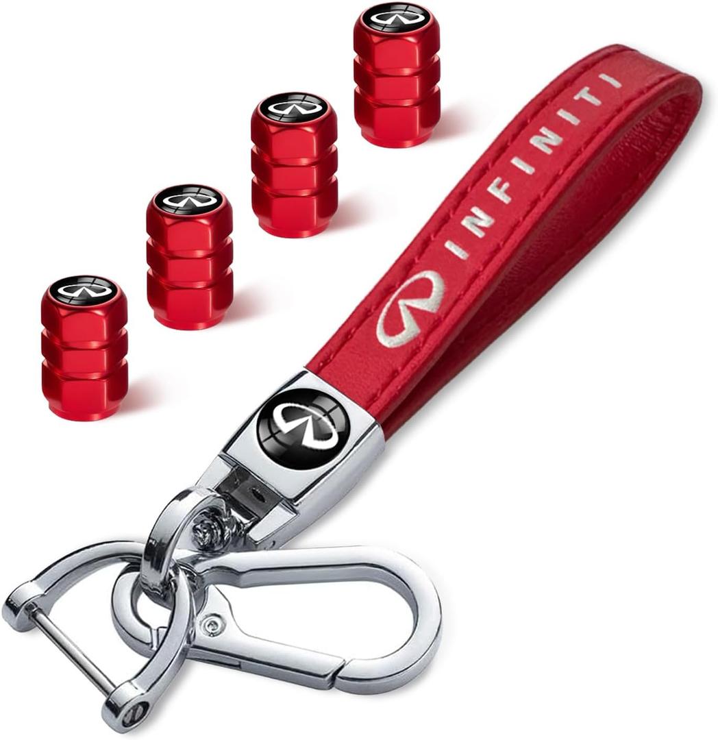 5pcs Car Key Chain whth tire Valve Stem Caps for Infiniti G35 G37 Q50L QX50 Q50 QX56 Q60 QX60 QX70 Q70L QX80, Car Key Fob Car Dust Caps Combo Set, Key Chain Keyring Accessories-YFND-red