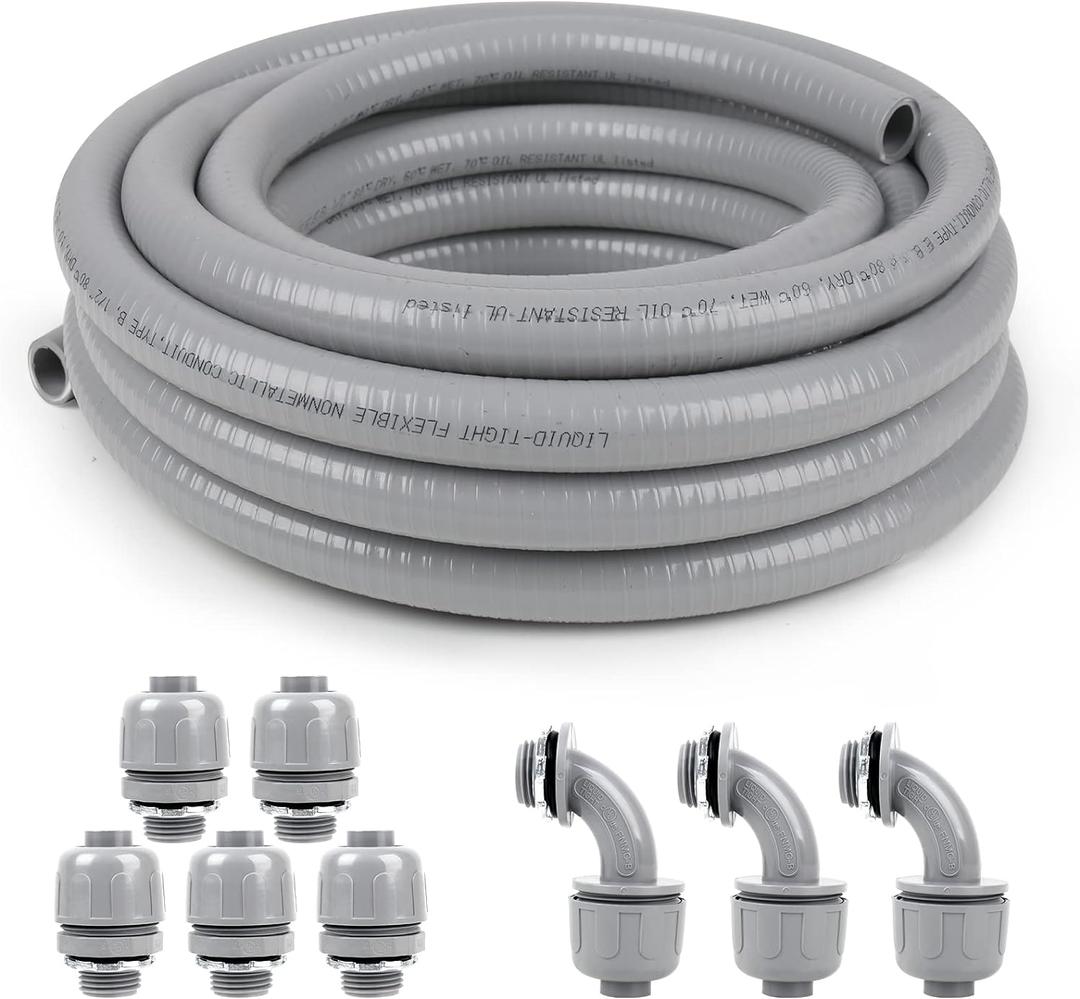 3/4inch 50ft Liquid-Tight Conduit and Connector Kit,Flexible Non-Metallic Liquid Tight Electrical Conduit Kit with 5 Straight and 3 90-Degree Connector Fittings,3/4 in. Dia