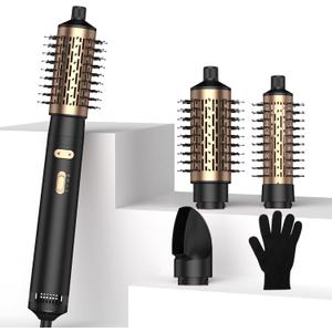 3 in 1 Rotating Hair Dryer Brush,Negative Ionic Professional Brush Blow Dryer with Detachable Brush(2" & 1.5"),3 Heats and 2 Speeds Rotating Hot Air Brush for Curling,Straight,Drying (Black)