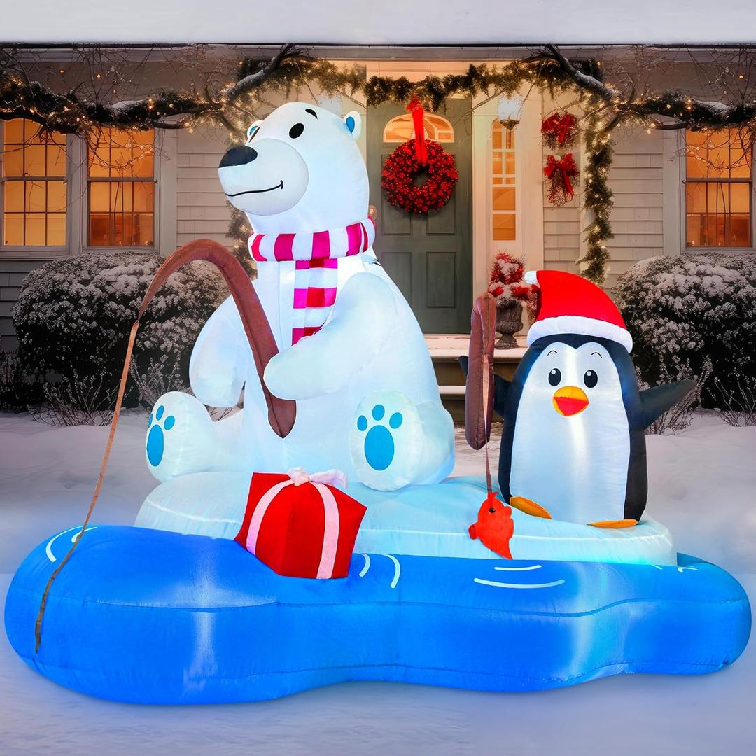 Joiedomi 6 FT Long Christmas Inflatable Polar Bear Fishing with Penguin Decoration, Blow Up Yard Decoration Inflatables with Built-in LEDs for Christmas Party Indoor Outdoor, Yard, Garden, Lawn Decor