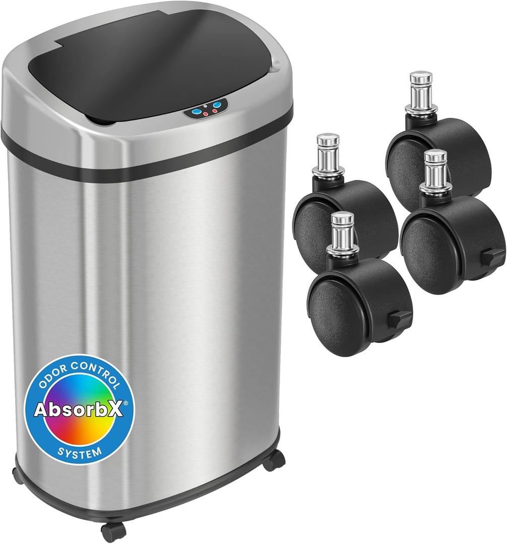 iTouchless SensorCan 50 Liter / 13 Gallon Kitchen Trash Can with Wheels & Odor Filter  Mobile Motion Sensor Stainless Steel Garbage Bin for Home, Office, Garage, Slim Oval Shape Large Capacity Design (Light Silver, Solid Black 13 Gal / Battery-AC Optional)