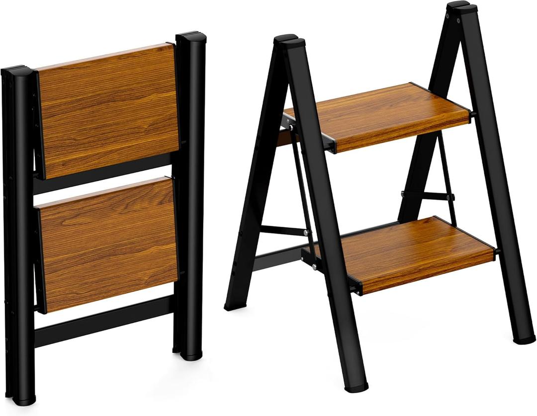 HBTower Step Ladder,Lightweight Aluminum Folding Step Stool with Anti-Slip Wide Pedal,330lbs Capacity Step Ladder for Household,Kitchen,Office - BlackWoodgrain