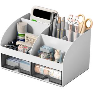 Desk Organizer with 6 Compartments and 2 Drawers, Plastic Makeup Organizer, Pen Holder for Desktop Storage, Desk Organization for School, Home, Office Supplies (Grey)