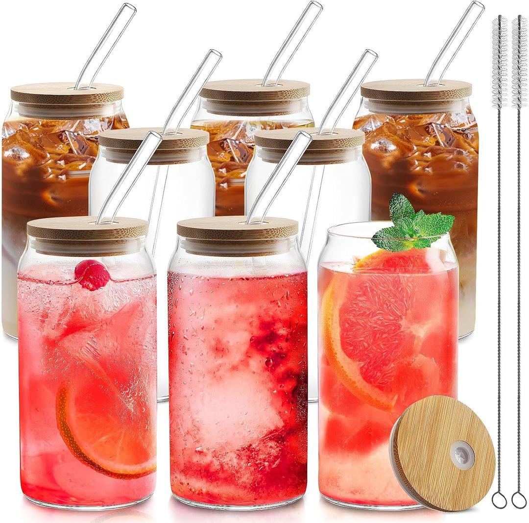 HOMBERKING Glass Cups with Bamboo Lids and Straws 8pcs Set, 20oz Cups, Beer Glasses, Iced Coffee Cups, Cute Tumbler with 2 Cleaning Brushes, Ideal for Cocktail, Whiskey, Tea, Gift (8 Packs, Clear)