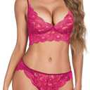 ADOME Women's Lace Lingerie Bra and Panty Set Strappy Babydoll Bodysuit (XL, Rose Red)