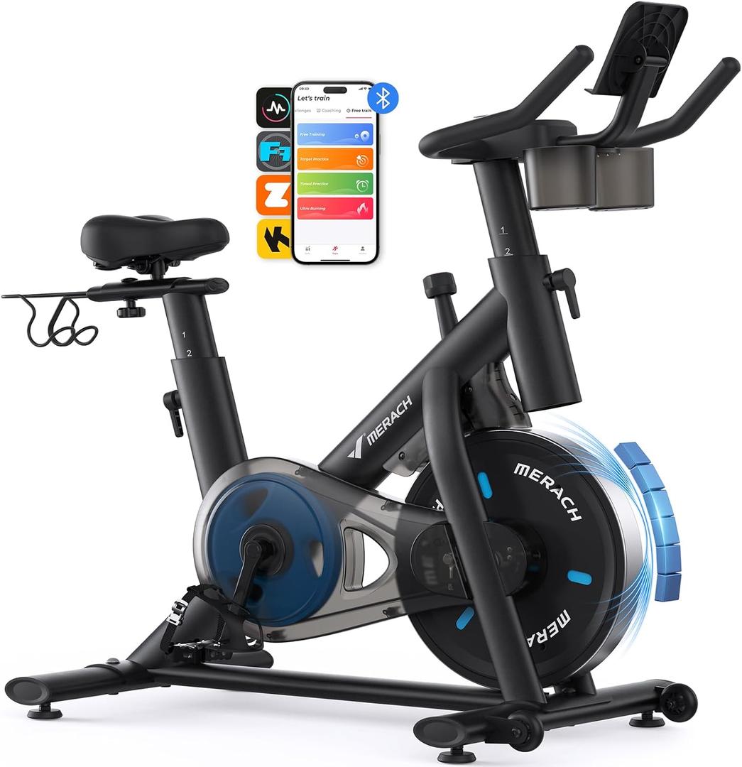 MERACH Exercise Bike, Brake Pad Stationary Bike with Exclusive App, Low Noise Indoor Cycling Bike with 300lbs Weight Capacity, Tablet Mount and Fitness Courses for Weight Loss (Magnetic-Black)