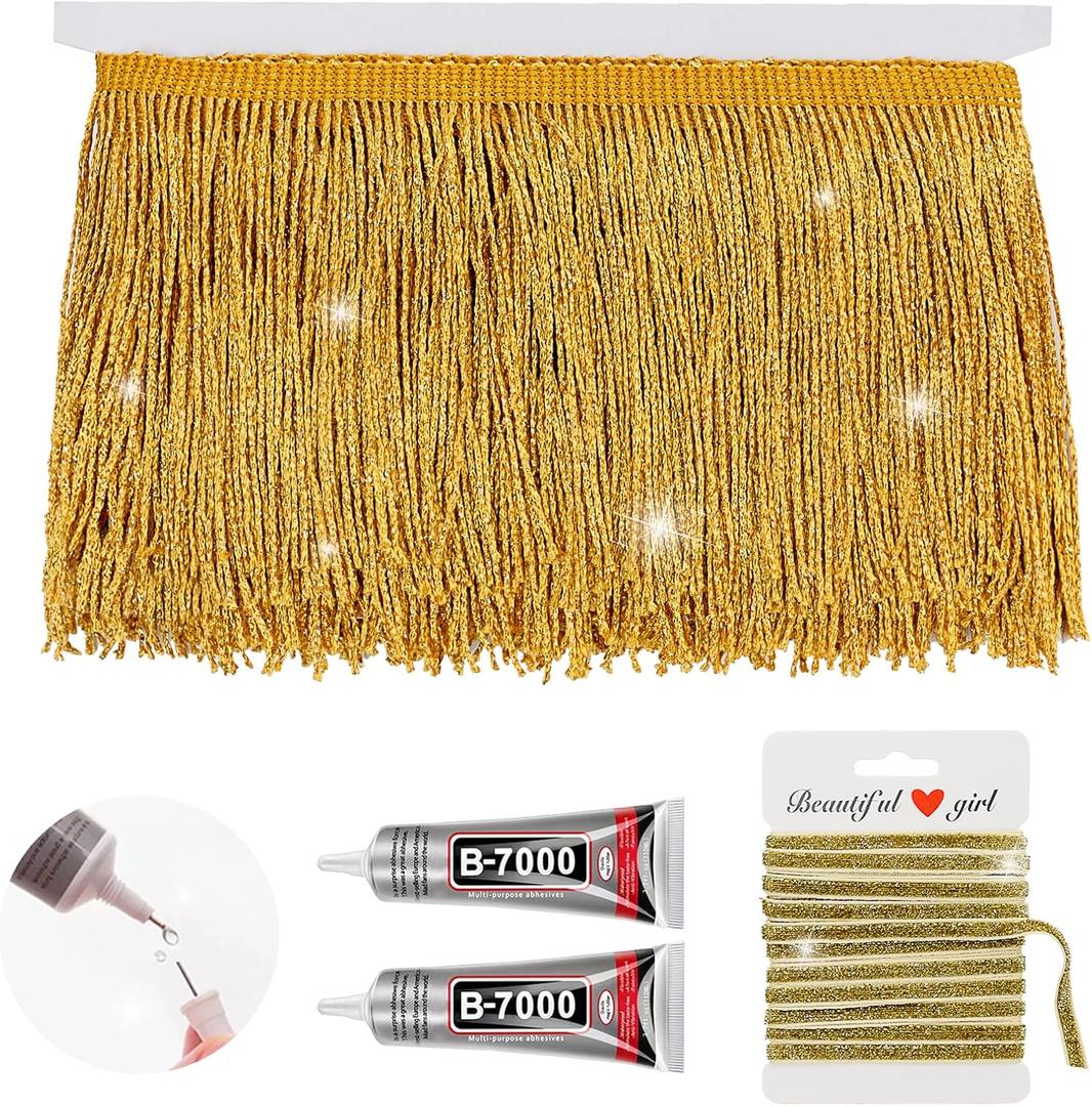 Gold Glittery Fringes, 5 Yards X 4 Inch Fringe Trim with B7000 Glue, Tassels Trim for Crafts Sewing by The Yard for Clothing Curtain