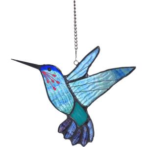 Lolitarcrafts Stained Glass Hummingbird Window Hangings with Flowers, Bird Stained Glass Suncatcher for Window Decor Hummingbird Gifts for Mom,Bird Lovers (Blue A)