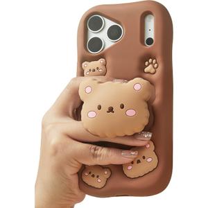 Kawaii 3D Teddy Bear Phone Case for iPhone 17 Pro (with Retractable Phone Stand & Grip) Cute Girly Cartoon Soft Silicone Phone Cover for Girls, Kids, Teens, and Women, Brown