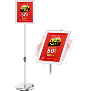 RedChili Adjustable Sign Holder Stand for 8.5x11 Inch Poster, Floor Standing Sign Holder With Snap-Open Aluminum Frame 360 Rotating Display Outdoor Indoor Signage Stand for Advertising (Silver, Sharp Corner)