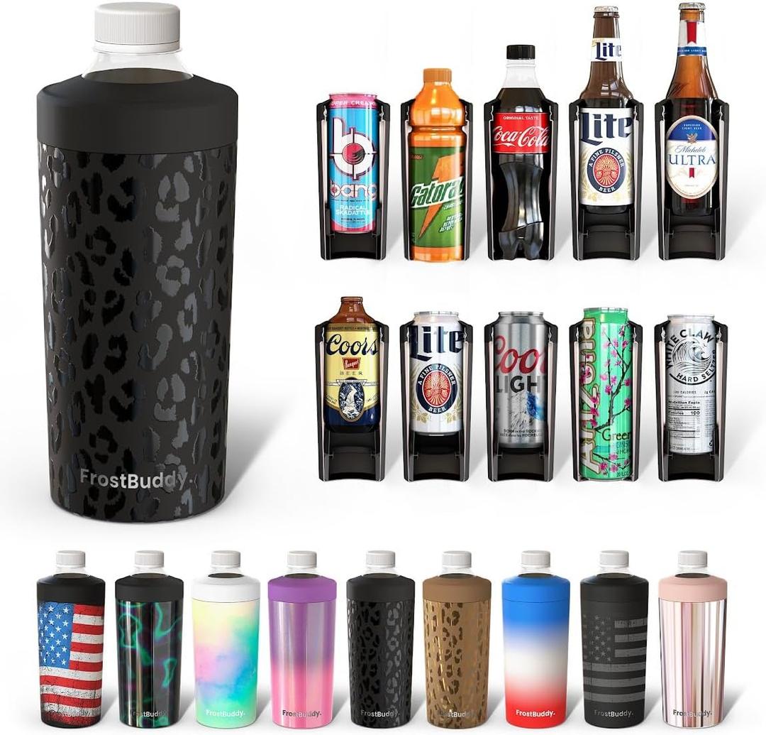 Frost Buddy Universal XL Can Cooler - Fits All - For 12, 16, 20, and 24 ounce Bottles - Insulated Double-Walled Stainless Steel (Blackleopard)