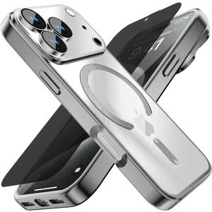 Misscase for iPhone 17 Pro Case with Privacy Screen Protector,[Camera Lens Protector] Clear Magnetic Luxury Plating Case Compatible with MagSafe Elegant Anti-Scratch Case Cover 6.3 inch Silver