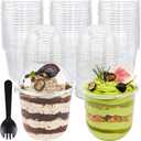 Jnnzzggu 100 Pack 12OZ Clear Plastic Cups with No Hole Dome Lids and Sporks, Disposable Dessert Cups, Yogurt Parfait Cup for Cupcake, Pudding, Iced Cold Drinks, Coffee, Juice, Snacks, Fruits, Ice Cream