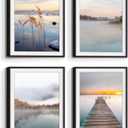 Framed Lake Picture Wall Art: Sunset Pier Landscape Print Glass Protected Relaxing Dock Nature Scene Painting Decor Artwork for Bedroom Bathroom Living Room Home (Lake Theme 01)