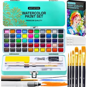 ARTISTRO 50 Color Watercolor Paint Set - Portable Paint Art Kit with Palette and Brush Pens - Travel Water Color Set for Adults, Professionals, Kids - Art and Painting Supplies - Gift Idea