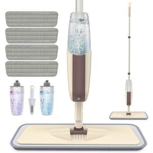 HOMTOYOU Spray Mop for Floor Cleaning: Wet Mop with 4 Washable Microfiber Pads and 2 Refillable Bottles for Hardwood Laminate Wood Vinyl Ceramic Tiles Home Kitchen (Beige)