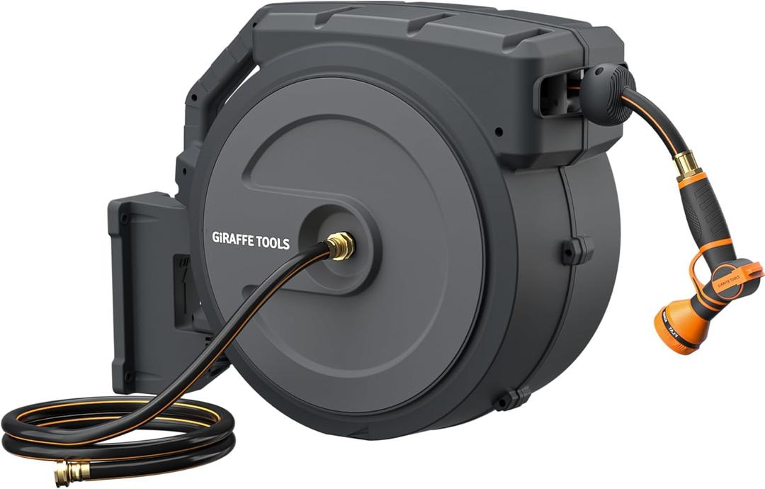 Giraffe Tools AW40 Retractable Hose Reel 5/8" x 90 ft Wall Mounted Garden Hose Reel Heavy Duty, Automatic Rewind, 180 Deg Swivel, Any Length Lock, 9 Pattern Nozzle, 90 ft, Dark Grey (5/8'' 90FT)