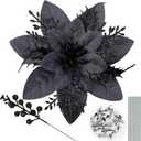 65pcs Black Christmas Poinsettia Artificial 5.9", Glitter Berries with Stems, Clips for Christmas Tree Decoration, Wreath Ornaments for Xmas Wedding Party Decoration